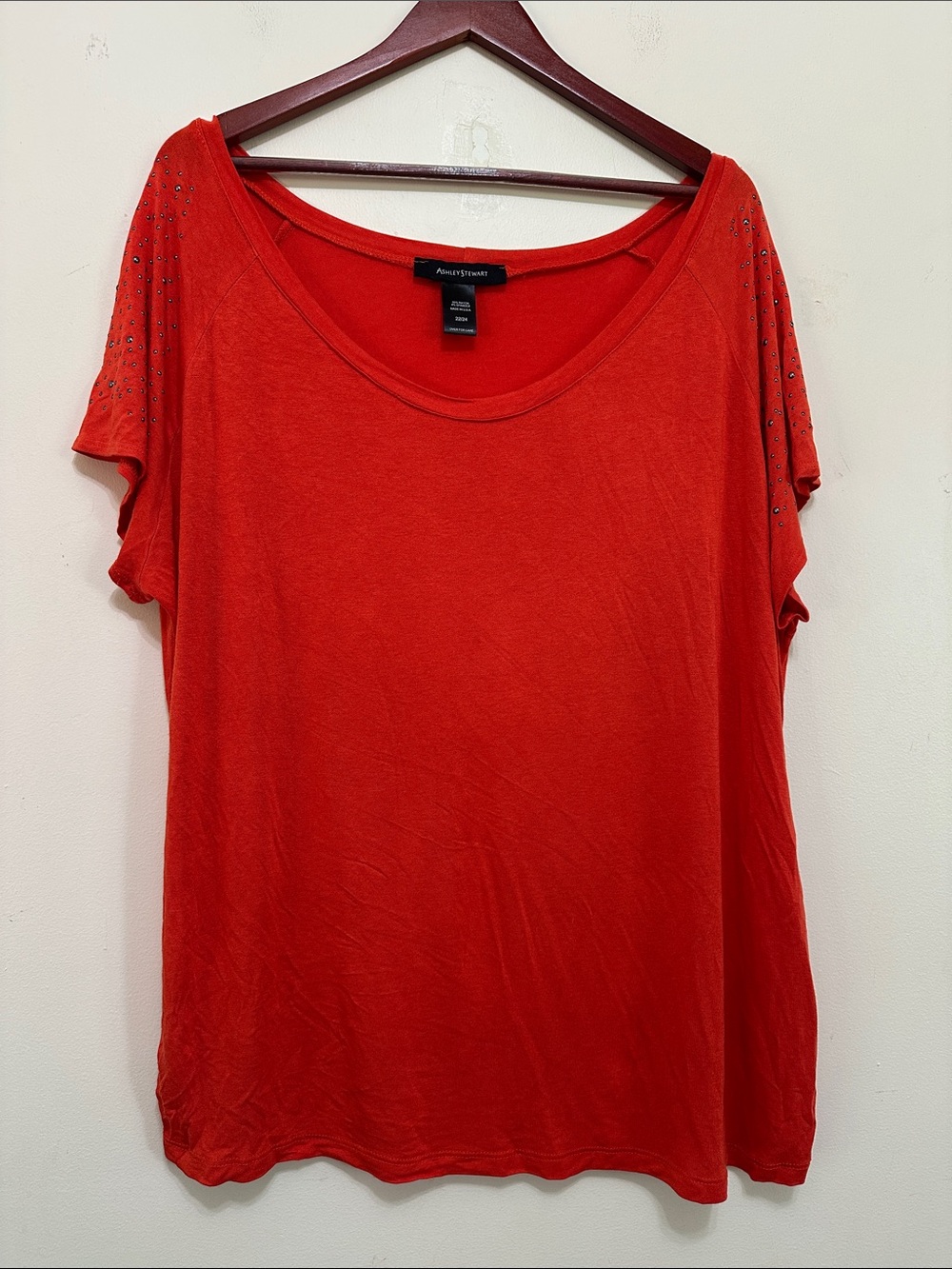 Ashley Stewart Red Short Sleeve Scoop Neck Top with Stud Accents